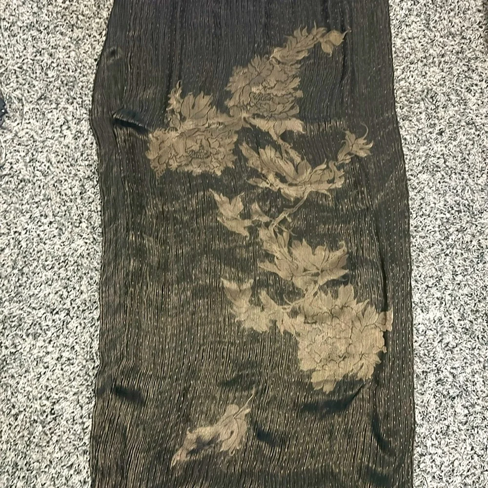 Silk Japanese floral scarf. Size roughly 80” by 22”. With golden floral pattern.
